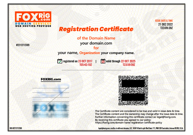 Domain Name Registration Certificate